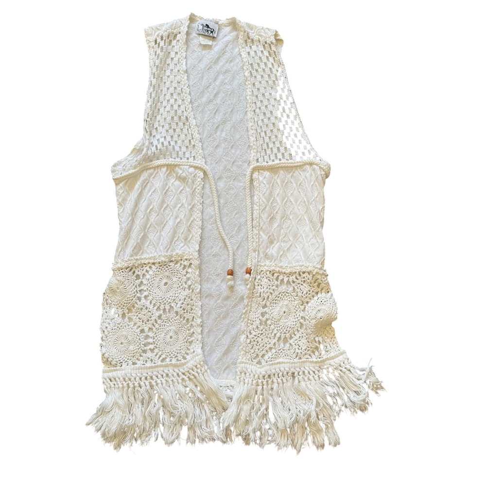 Troika Womens Crochet Lace Fringe Vest Cream Boho Festival Tie Front Small